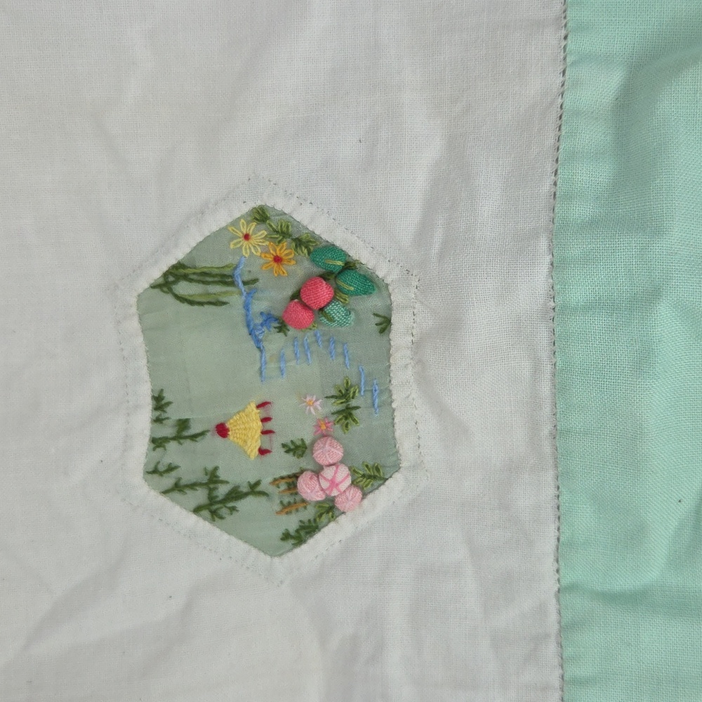 Embroidered Linen Vintage 1940s? Guest Tea Towel Asian Garden 13x22" Cottagecore
